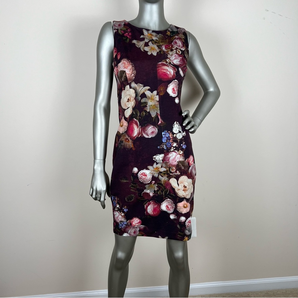Designer S knit Floral Fall Sleeveless Dress Burgundy w/colorful large pattern